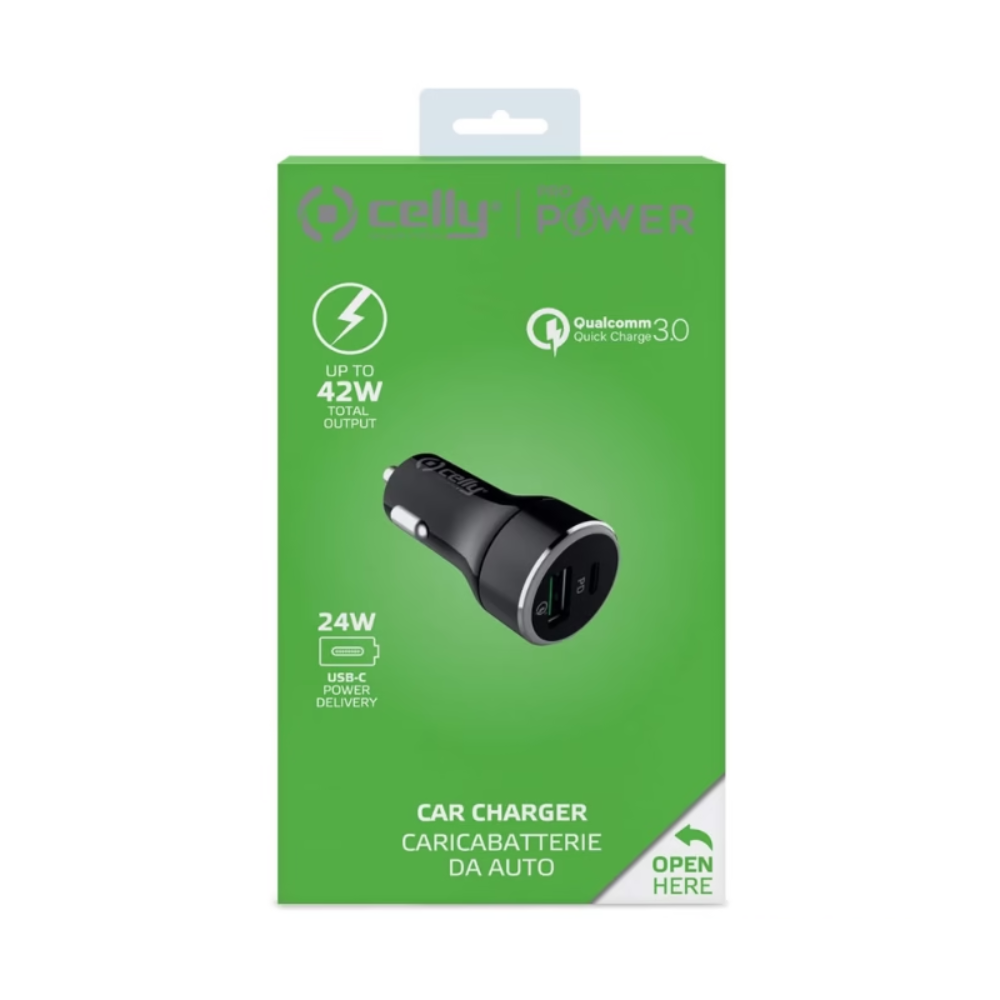 Celly ProPower Autolader met USB-C en USB-A - 30W Snellader - Power Delivery & Qualcomm Quick Charge 3.0
